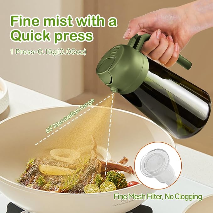 YARRAMATE 16 oz 2-in-1 Dark Glass Oil Sprayer & Dispenser, BlackOliveGreen | Light-blocking dark green glass, food-grade spray and pour bottle for cooking, air fryer, salad and BBQ