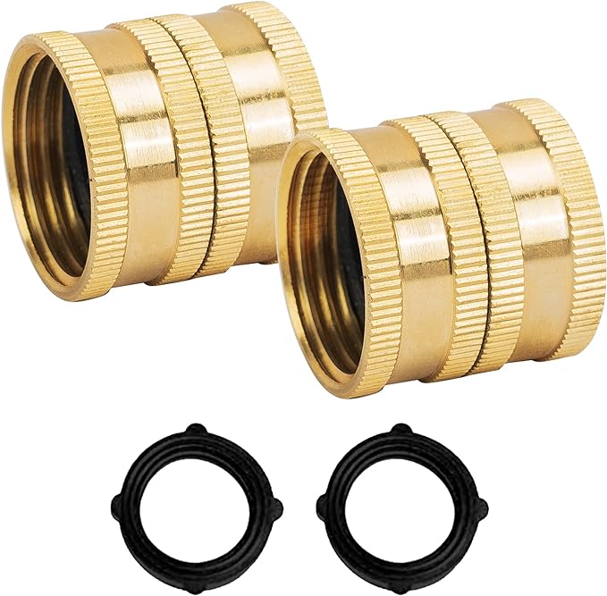Hourleey Garden Hose Adapter, 3/4 Inch Solid Brass Hose Connectors, 2 Pack Hose Connector with 2 Extra Washers (Female to Female)