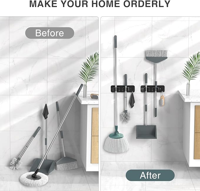 homeasy Wall Mount Mop and Broom Holder, Heavy Duty Stainless Steel Organizer Rack with Hooks | 2-Pack, 2-in-1 No Drill & Screw Installation, Black