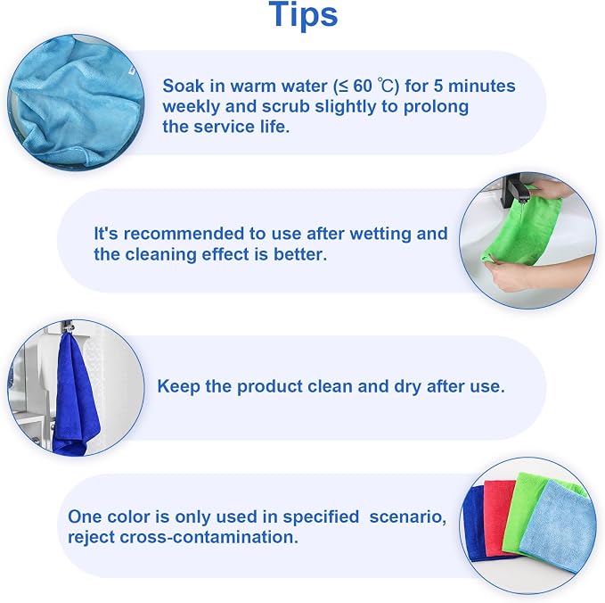 Microfiber Cleaning Cloth, 12Pcs, 12" x 12", High Density, 4 Colors | Household Cleaning Rags, 293GSM, Ultra Absorbent, Reusable Cleaning Supplies for Kitchen Towels, Glass Dish Cloths, Dust Rag