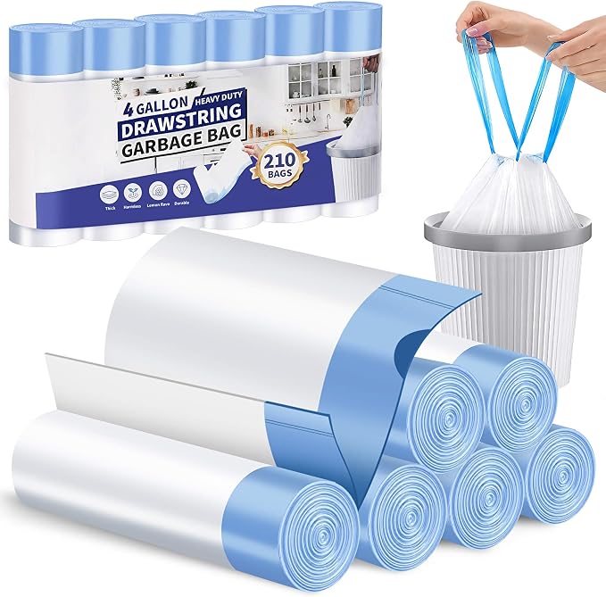 210 Count 4 Gallon Drawstring Trash Bags - Pre-Separated Easy Dispense Roll Small Garbage Bags - Beach Breeze Scent Odor Control - Leak Resistant Mini Trash Can Liners for Bathroom Office Bedroom