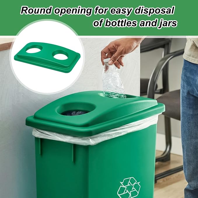 Maxdot 2 Pack Recycle Bin Lids Each with Two Bottles & Cans Openings, Green | Plastic Fit 23 Gallon Slim Trash Can, for Waste Recycling Sorting, Kitchen Classrooms Offices Outdoor