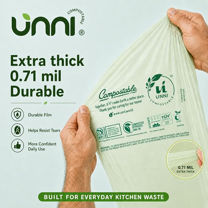 UNNI 4 Gallon Compostable Bags, 100 Count, 15 Liter, Extra Thick 0.75 Mil | Small Compost Bags for Kitchen Food Scrap Bins & Compost Caddies, Certified by BPI, CMA & OK compost HOME, Meets ASTM D6400