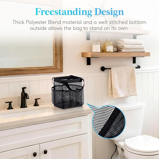 Lifewit Mesh Shower Caddy Portable, Dorm Room Essential, 2 Pack, Black&Grey | 2 Handles, Freestanding, Quick Dry Tote Bag, 7 Pockets, for Toiletry, Bathroom, Beach, Swimming, Gym, Camping, Travel