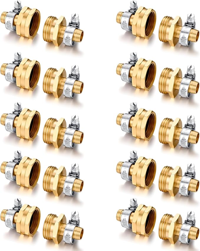 Garden Solid brass Hose Repair Connector with Clamps,Fit for Garden Hose Fitting,Male and Female Hose Fittings 10 Set (1/2"-10 Set)