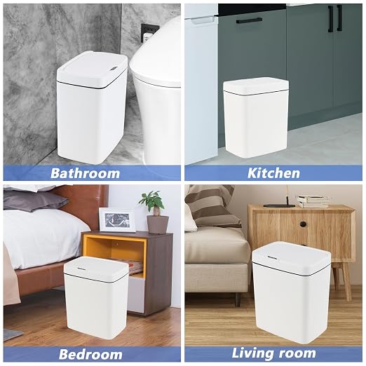 4 Gallon Plastic Automatic Bathroom Trash Can with Lid, 15 L, White | Touchless Motion Sensor Trash Can for Kitchen Bedroom Office