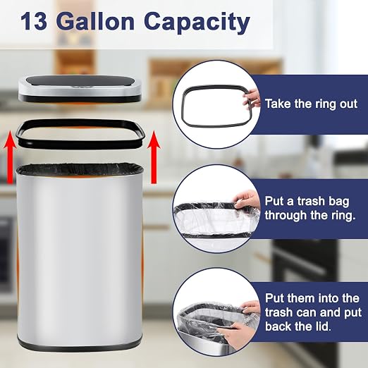 Kitchen Trash Can 13 Gallon Touchless Trash Bin with Lid,Stainless Steel | Automatic Motion Sensor Bathroom 50 Liter Trash Can ,Garbage Can Waterproof Garbage Bin Wastebasket for Toilet,Bedroom