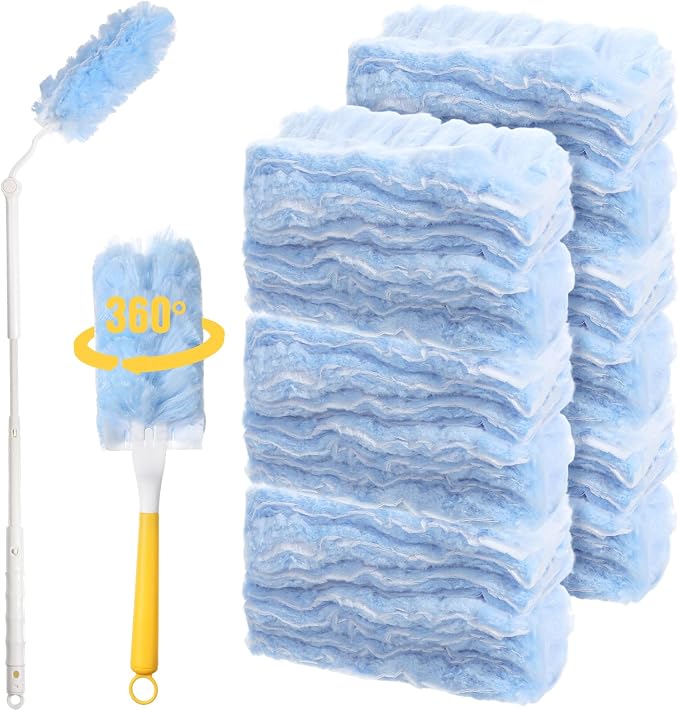 50 Count 360 Heavy Duty Disposable Duster Refills Compatible with Swiffer Multi Surface Feather Dusters Kit with 1 Short Handle and 1 Extenda Handle for Home Cleaning