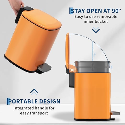 Garvee Bathroom Trash Can with Lid, 1.6 Gallon Small Garbage Can, Orange | Step Pedal, Soft-close Lid, Rear Handle, Removable Plastic Inner Liner with Trash Bag Retainer Ring, for Kitchen, Office