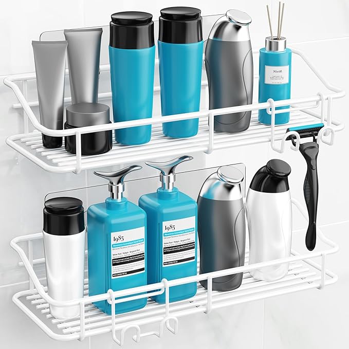 Nieifi Shower Caddy Adhesive, Shower Shelves, Shampoo Holder for Bathroom | Stainless steel, 2 pack, shower rack, shower organization, with hooks, rustproof, no drilling, razor holder, white