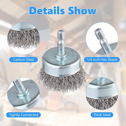 Rocaris 10 Pack Carbon Steel Wire Wheel Brush, Cup Brush Set | 1/4-Inch Round Shank, for Rust Removal, Corrosion and Scrub Surface