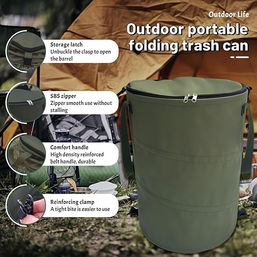 Pop up Camping Trash can,24 Gallon Collapsible Garden can with lid(Green) | Reusable Lawn and Leaf Bag with Sorting Clips,Heavy Duty 600D Oxford Fabric,Garden Garbage Yard Waste Bags for Outdoor Indoor