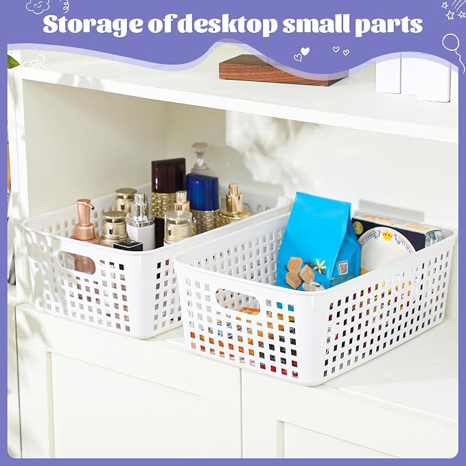 Lineshading 12 Pack Plastic Storage Baskets for Organizing, White | 13 x 10'' Large Plastic Storage Baskets Bins with Grip Handles, Stackable Mesh for Cabinets, Desktops, Shelves, Home & Office