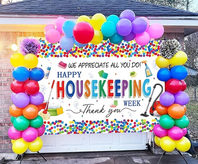 Happy Housekeeping Week Banner Backdrop 8x6FT Thank You Cleaning Staff Background for Housekeeper Appreciation, Environmental Services Week Party Decorations Photo Props
