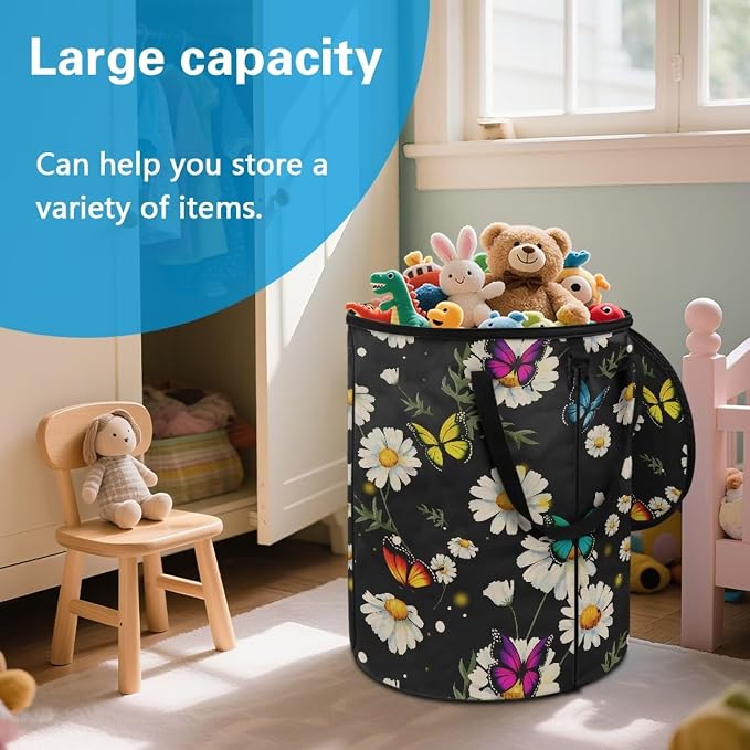 Daisy Butterfly Print 24 Gallon Garden Waster Bags with Lid and Handles Reusable Lawn Garden Bags Collapsible Trash Can for Camping Outdoor Picnics