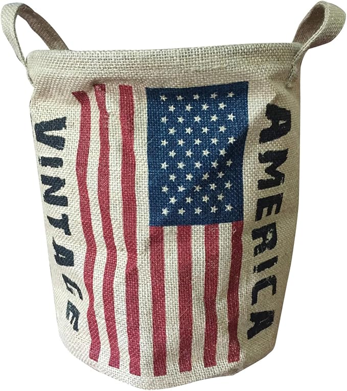 Burlap Waste Basket Vintage, Round Jute Organizer with Handles | Small Recycling Bin for Paper, Bottles & Cans, Rustic Home Office Decor, Patriotic American Flag Design, 10" Dia. X 12" H