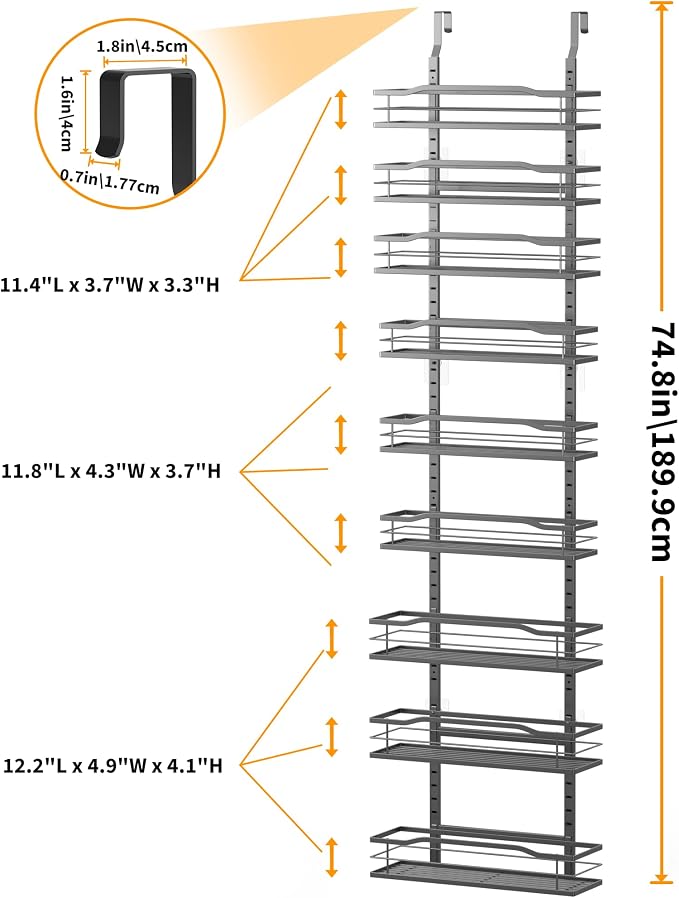 Moforoco 12.2"(W) Narrow 9-Tier Over The Door Pantry Organizer, Pantry Organization and Storage, Black Hanging Basket Wall Spice Rack Seasoning Shelves, Home & Kitchen