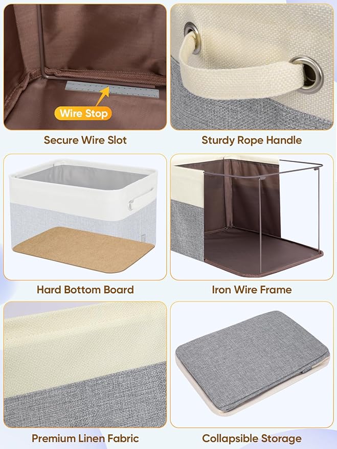 BALEINE 4 Pack Fabric Closet Storage Bins for Shelves, Linen Closet Organizers and Storage, Decorative Baskets for Organizing, Shelf, Clothes, Home, Office (Grey, 12"x8"x8")