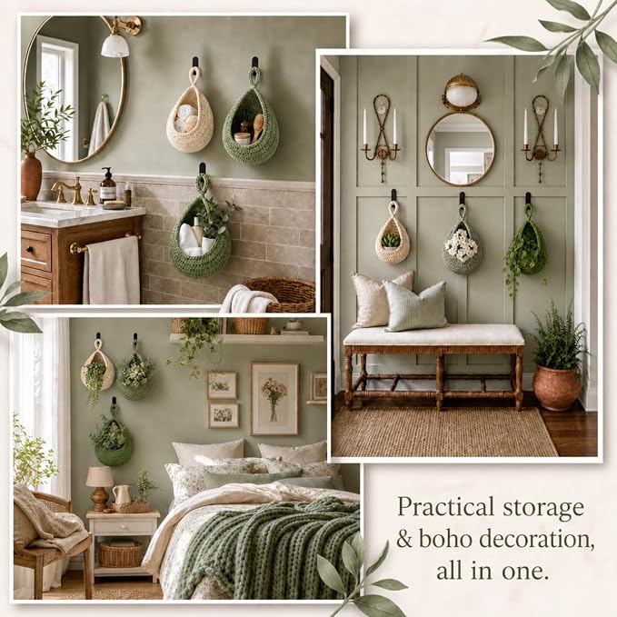 Honeydak 3 Hanging Baskets, Sage Green, Green, White, Teardrop, Cotton Rope | Wicker Wall Baskets with Hooks for Fruit Vegetable Onion Storage, Teardrop Organizer for Kitchen, Boho Farmhouse Decor