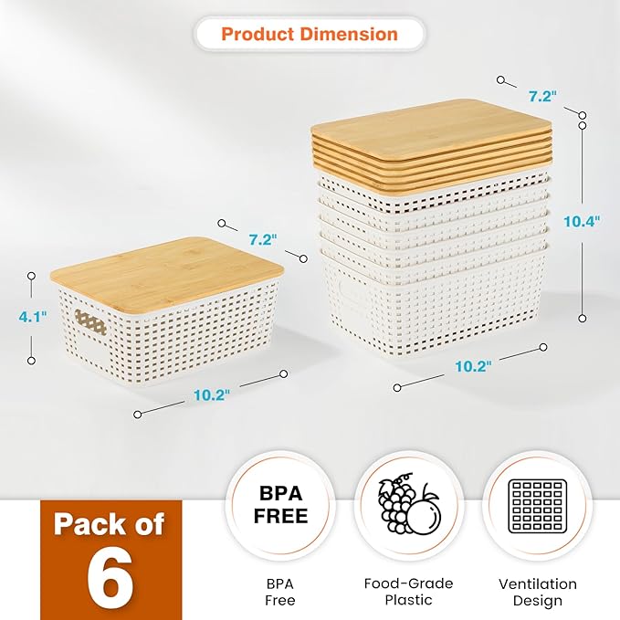 Ohmlove 6 Pack Plastic Storage Baskets with Bamboo Lids for Organization | Stackable Storage bins, Storages Baskets for Organizing Shelves Drawers Desktop Closet Playroom Classroom Office, Cream White