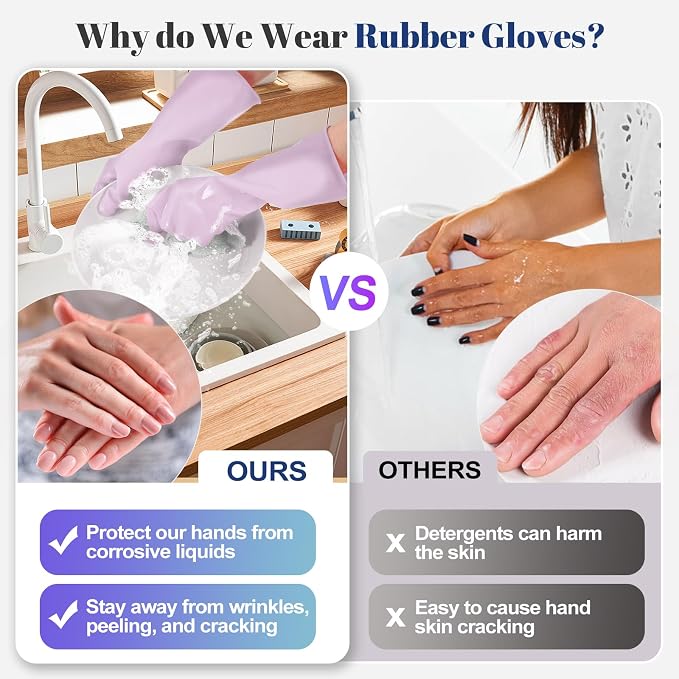 Reusable Kitchen Dishwashing Gloves - 3 Pairs Rubber Household Cleaning Gloves, Flexible and Durable & Non-slip Cleaning Gloves, Great for Kitchen, Laundry, Bathroom (S, Purple+Brown+Blackish Green)