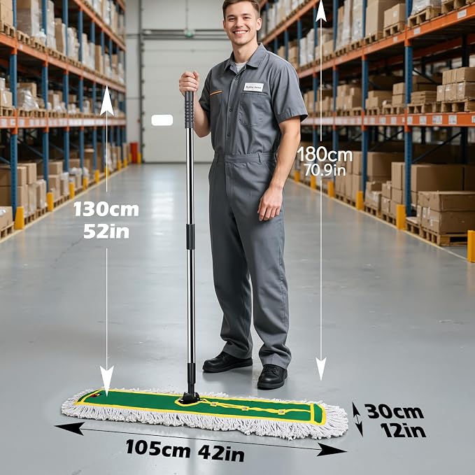 42" Commercial Dust Mop for Floor Cleaning, Heavy Duty Industrial Mop | Large Flat Mop with Long Handle, Push Mop with 2 Different Mops Pads, for Hardwood, Tile, Gym, Office, Mall, Warehouse
