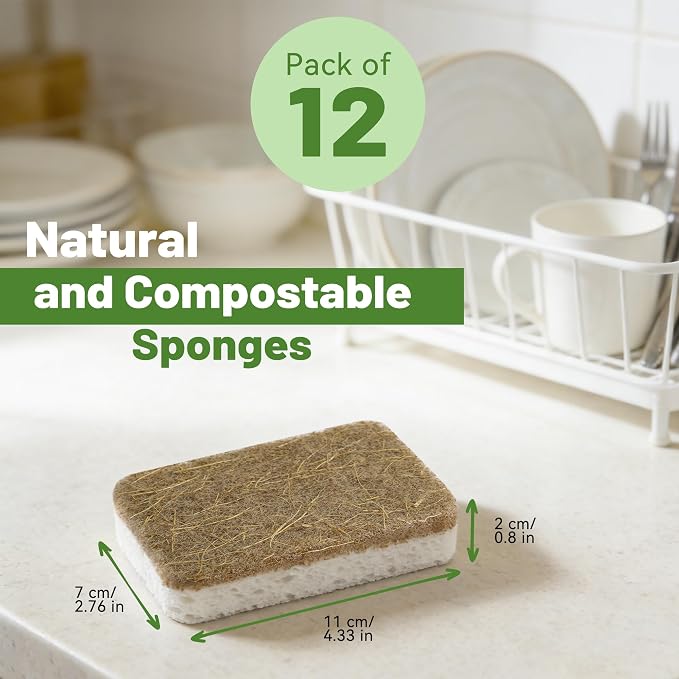 Natural Kitchen Sponges-12 Pack, Cellulose & Coconut Scrubber Dish Sponges | Biodegradable, Non-Scratch Cleaning, Plant-based, Compostable, Eco-Friendly, Sponges for Dishes, Pans, Pots