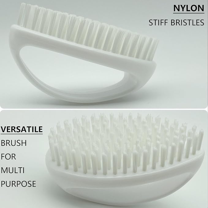 GKETN Small Scrub Brush with Stiff Nylon Bristles Heavy Duty Cleaning Brush | Good for Household Use, Like Bathroom, Kitchen, Grout, Tiles - Teardrop Handle & Hangable Design, Easy Scrubbing - White
