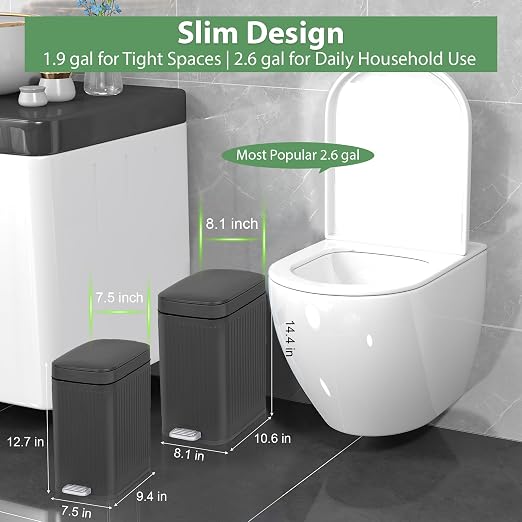 Small Bathroom Trash Can with Lid, 1.9 Gallon Slim Soft Close Step, Gray | Garbage Can with Pedal for Office, Bedroom, Kitchen & Living Room, Narrow Plastic Wastebasket Container for Small Spaces