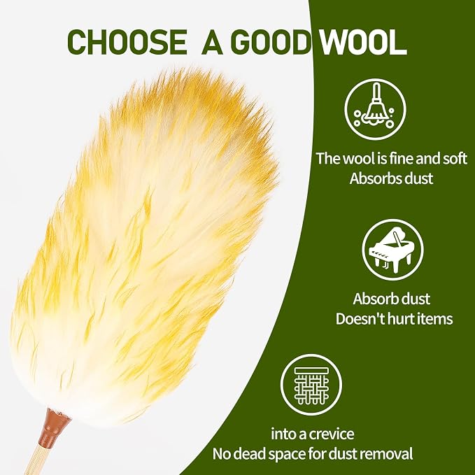 Natural Lambswool Duster 20 Inch Handheld with Wooden Handle Duster Dusting Tool for Blinds Electronics Furniture Delicate Surfaces (2Pcs)