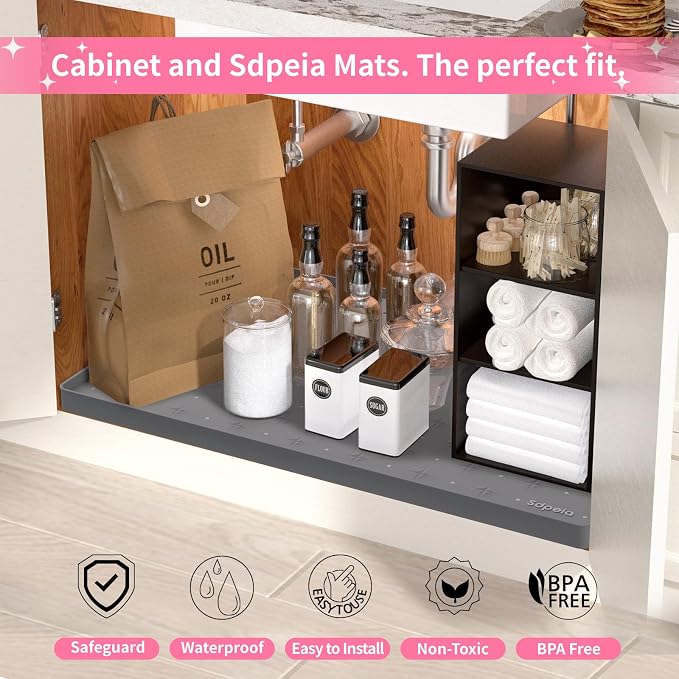 Sdpeia Under Sink Mat 31 in x22 in, Undersink Mats for Bottom of Kitchen Sink Easy to Clean Cabinet Protector with Drain Hole (Grey) Gray