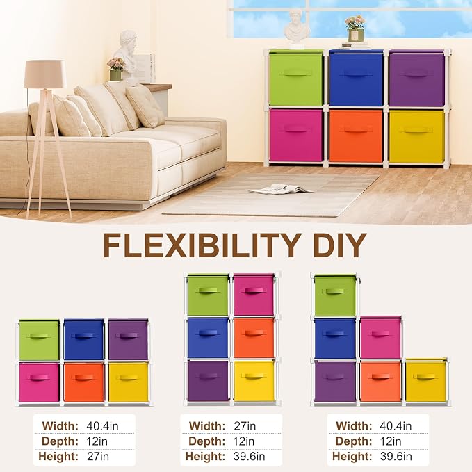 Briwooody 6 Cube Storage Organizer Bins with Shelf, Multicolor | 11x11'', Storage Organizer, Toy Storage Box, Back to School, Dorm Organizer, Fabric Drawers, Playroom Bedroom Storage Cabinet