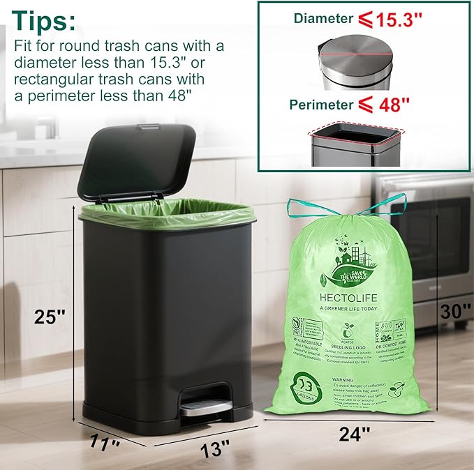 13 Gallon,50 Count Compostable Trash Bags with Home | Multi-scenario usage, Compostable,Large capacity,ASTM D6400,US BPI and Europe OK Compost Home Certified