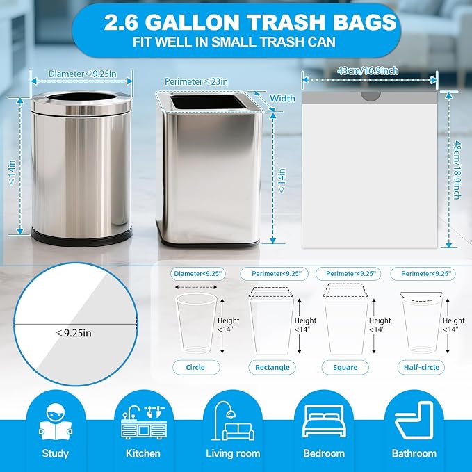 180 Ct 2.6 Gal Drawstring Small Trash Bags, Unscented for Bathroom | 1.2 Mi Small Drawstring Garbage Bags, HDPE Leak-Proof Tear Resistant for Kitchen Office Bathroom Home