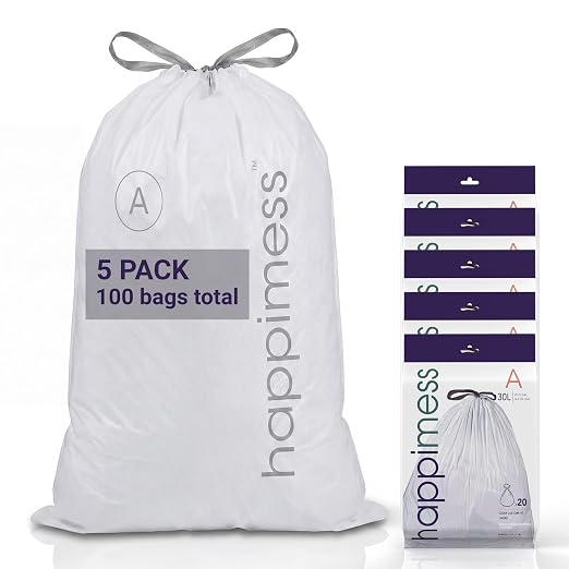 happimess 20-Count Unscented 8 Gal Drawstring Trash Bags, Clear, Pack of 5 | 30 Liters, Heavy Duty LDPE Plastic, Tear And Puncture Resistant, Tailored Custom Fit, Recyclable