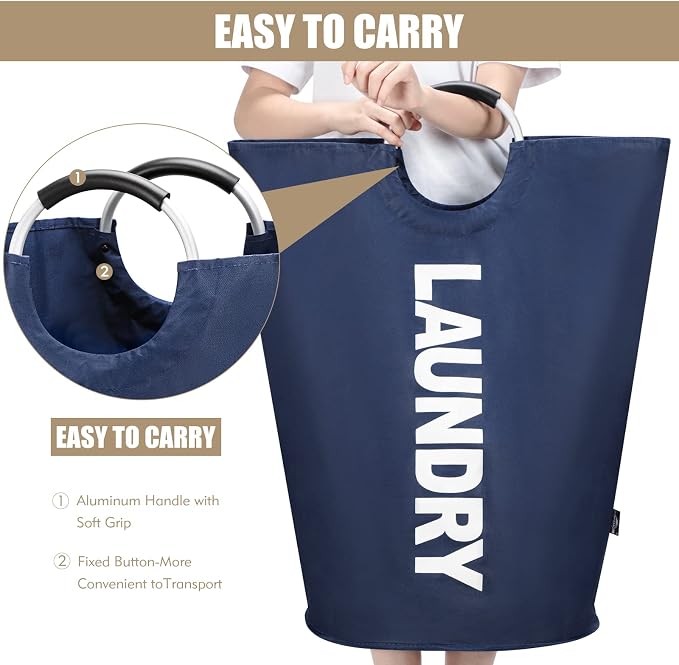 DOKEHOM 90L Large Laundry Basket Bag, Collapsible Tall Hamper, Dark Blue | Freestanding tall washing bin & foldable laundry bag. High-capacity clothes storage basket with durable sturdy handles