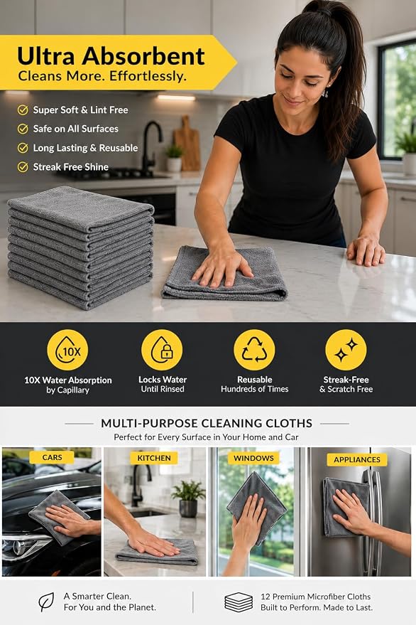 Microfiber Cleaning Cloths, 12 Pack, 12 x 12 Inch, 300 GSM, Lint Free, Ultra Absorbent, Streak-Free Cleaning Towels for Car, Kitchen, Windows, Glass & Household Cleaning, Gray