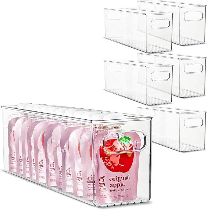 Plastic Food Storage 6 Pack Clear Container Bin with Handles for Organizing Kitchen, Pantry, Refrigerator, Freezer, Pantry, Cabinet, Closet, Bathroom. 14”x4”x5”