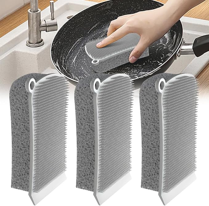 Silicone Dish Scrubber, 3 in 1 Dual Sided Kitchen Scrub Brush, Food Grade Silicone Sponge, Reusable Fast Dry Dishwasher Safe Pad for Dishes, Pots, Fruits, Veggies, Household Surfaces (3, White)