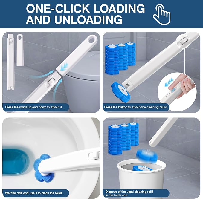 Disposable Toilet Brush with 136 Refills, Toilet Bowl Wand and Holder, White Toilet Cleaning Brush, Toilet Bowl Wand Kit Wall-Mounted, Toilet Brush Refill for Efficient and Deep Scrub Toilet