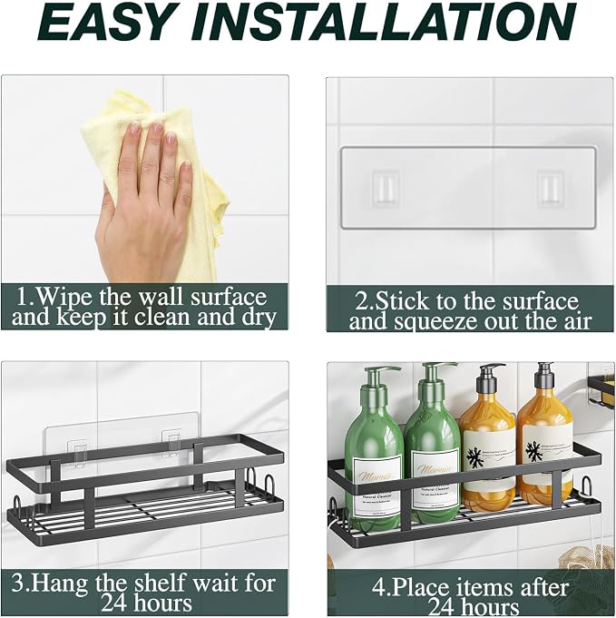 Youvip Adhesive Shower Caddy, Black, 3 Pack | Shower Shelves, Soap Holder and 12 Hooks, Rustproof, No Drilling, Bathroom Organizer and Storage