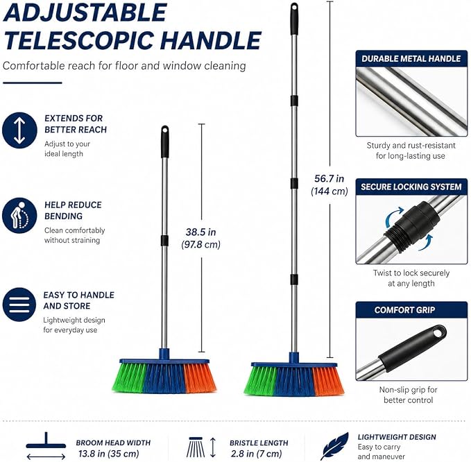 2-in-1 Floor Squeegee & Broom Kit with Telescopic Handle, 17.5 Inch Heavy Duty Water Squeegee for Tile, Concrete, Marble, Garage & Shower, Includes 2 Cotton Cloths