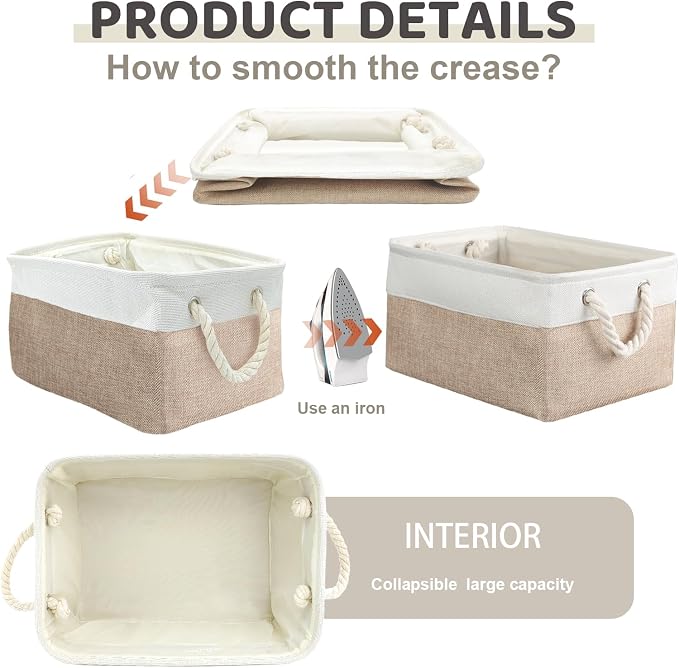 8 Pack Storage Basket Bins - Decorative Baskets Bulk Storage Box Cubes Containers with Handles for Clothes Storage Bathroom, Garage, Books, Home, Office, 13.7L x 9.8W x 6.7H (White&beige)