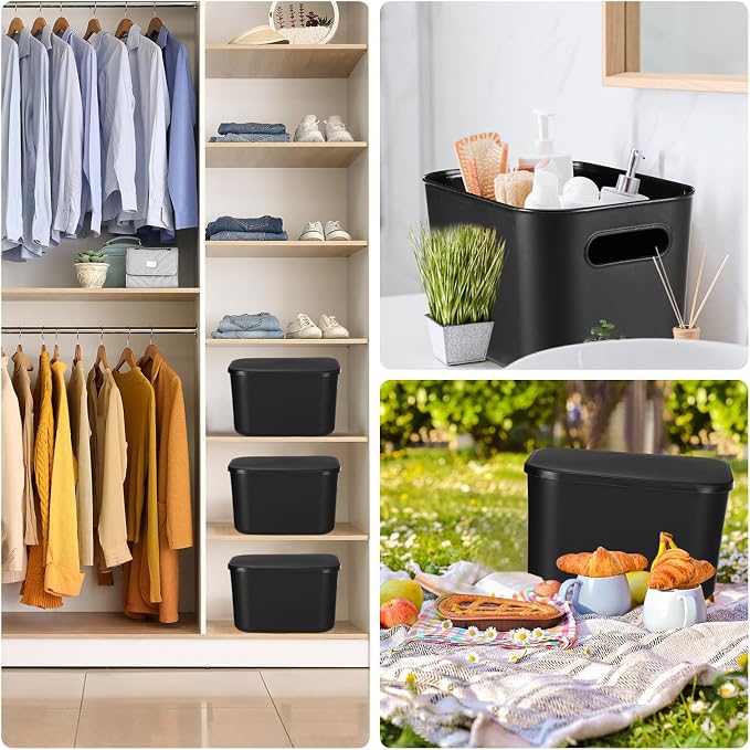 Hoolerry 8 Pack Storage Bins, 9.8 X 7.1 X 6.3 Inch Black | Plastic Stackable Containers with Lid Handle, For Shelves Desktop Playroom Office, Organizing Toys Books Supplies Storage
