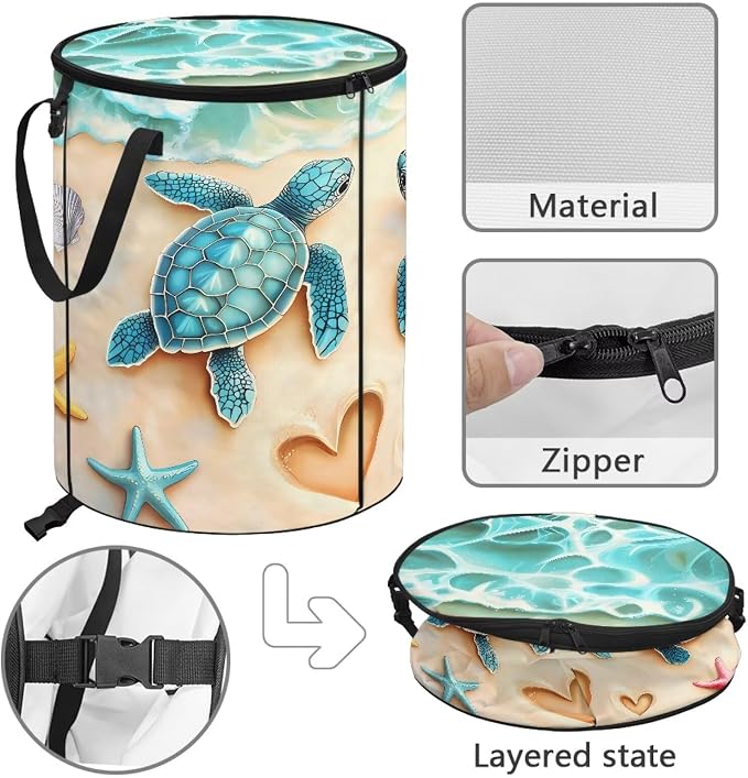 Beach Turtle Collapsible Recycling Bin 24Gal - Compost Waste Container w/Sorting Clips & Lid | Waterproof Pop-Up Design for Lawn, Camping, Yard Waste Gifts for Outdoor Workers