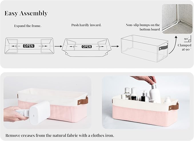 StorageWorks Narrow Fabric Storage Bins, Pink and White, 2-Pack | With Metal Frame, Sturdy Structure, Reinforced Handles, Toilet Paper Storage, Small Storage Bins for Bathroom, Closet, Shelf