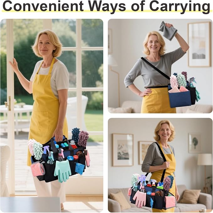 Wearable Large Cleaning Caddy Bag for Housekeepers (Blue) | Cleaning Supplies Organizer with Adjustable Shoulder, Waist & Handle Straps, Detailing Bag for Kitchen Supplies
