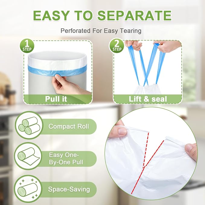 4 Gallon 200 Count Drawstring White Unscented Small Trash Bags | Leakproof Tear-Free Garbage Can Liners Fit 12-15L Bins for Bathroom Kitchen Office Car Daily Use