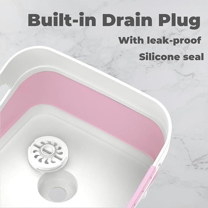 GIMWA 2.6 Gal(10L) Collapsible Wash Basin for Baby Bottles,Pink Space-Saving Collapsible Dish Basin with Drain Plug for bottle washing, Collapsible Bucket for RV Kitchen Essentials