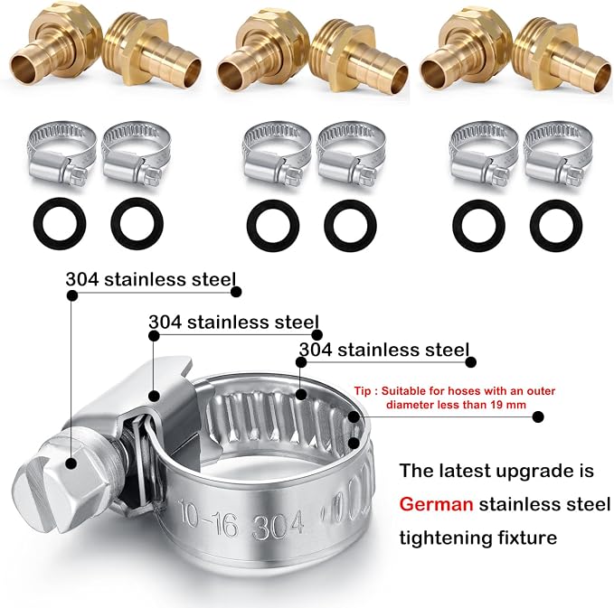 Solid Brass Garden Hose Repair Connector with Clamps Hose End Repair Kit,Fit for 1/2"Garden Hose Fitting,Male and Female Hose Fittings(1/2"-3 Set)